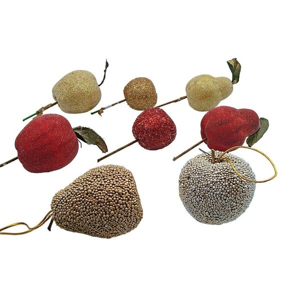 Lot 8 Ornaments Holiday Decor Sugar Glittered Beaded Fruit Apples Pears MCM Vtg - Picture 1 of 12